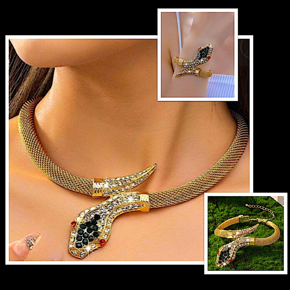 Serpent Necklace matching bracelet Crystal Gold Plated Set